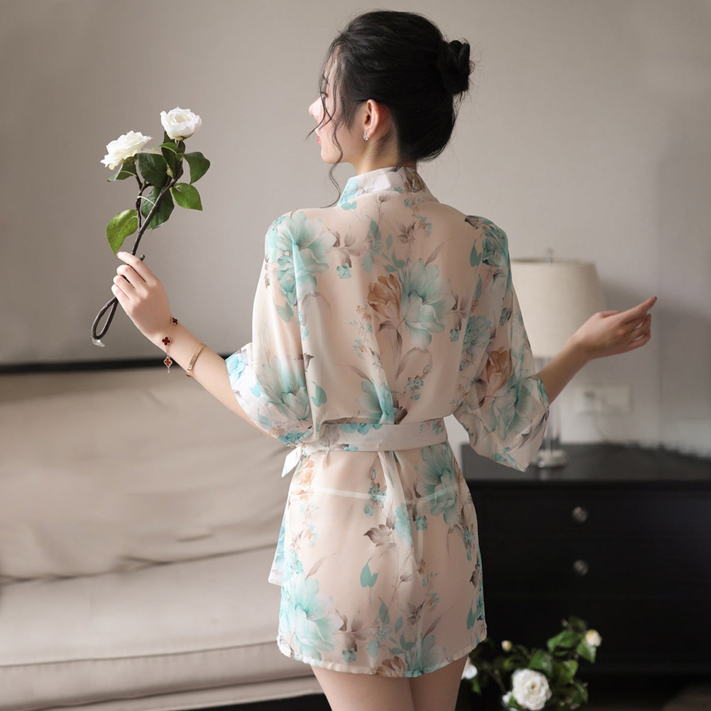 Floral Print Chiffon Lingerie Robe