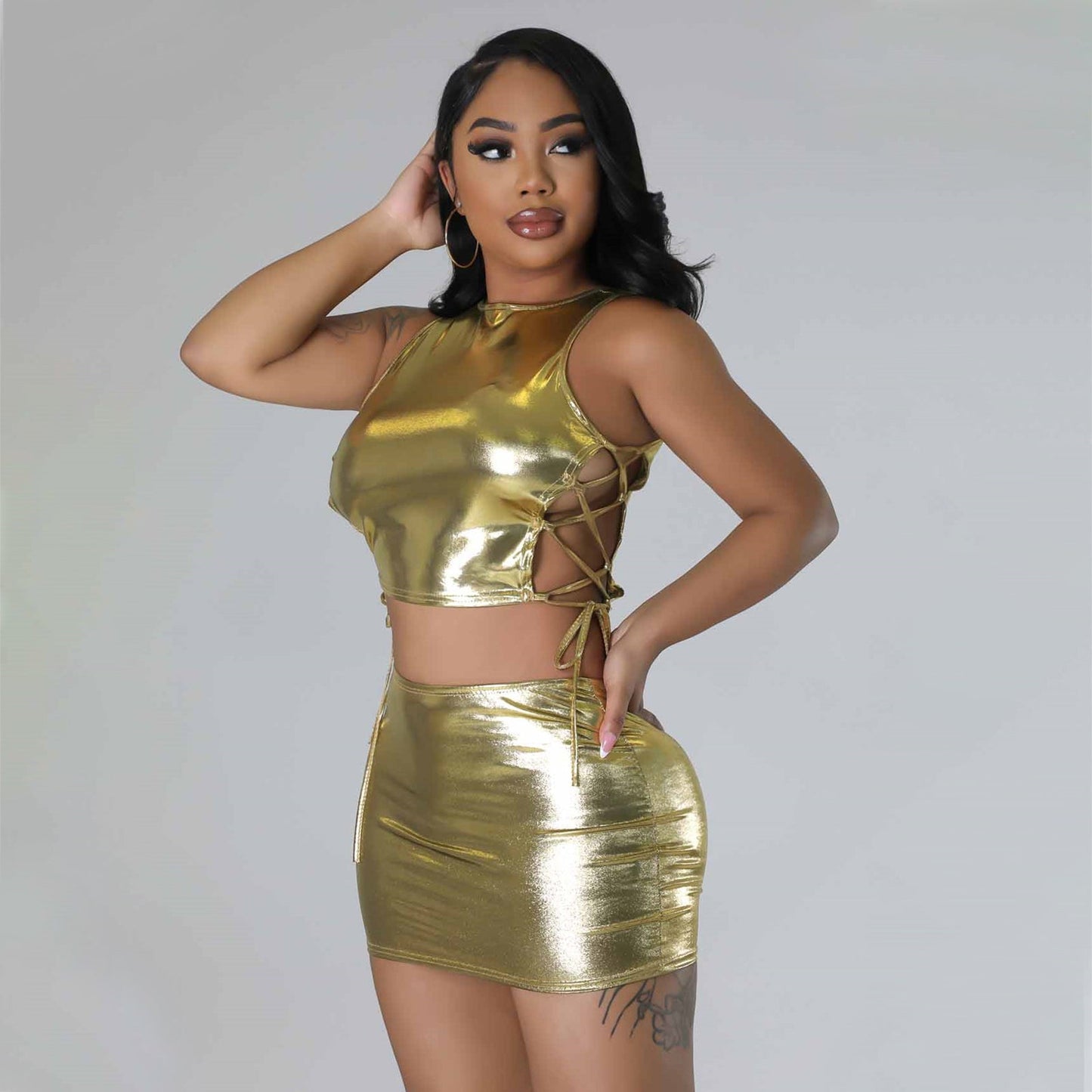 Shiny Lace-up Crop Top & Mini Skirt Set