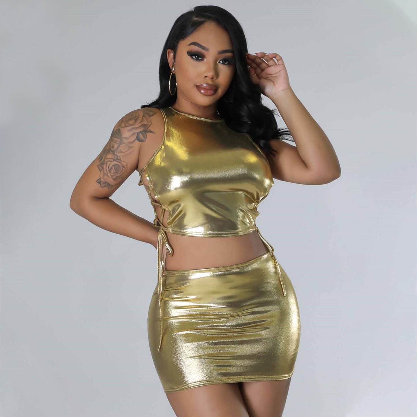 Shiny Lace-up Crop Top & Mini Skirt Set