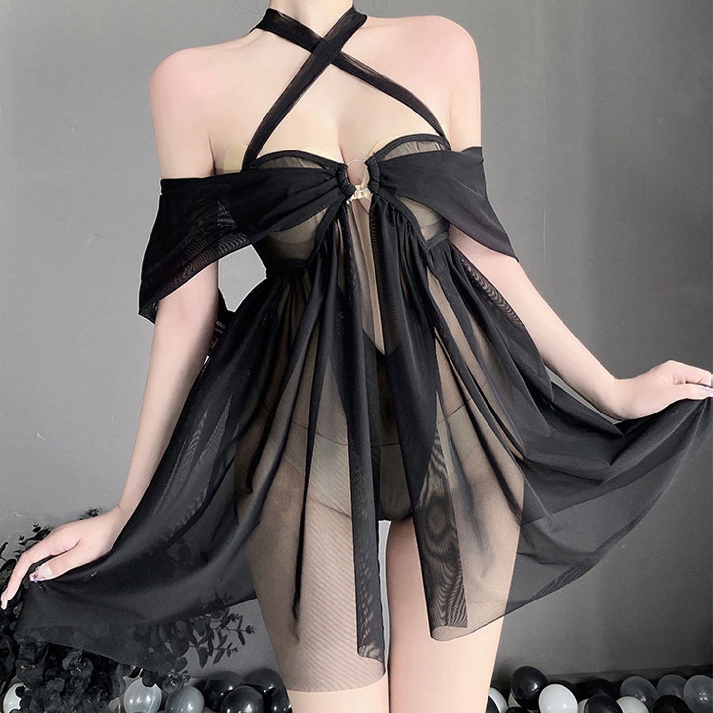 Sheer Mesh Halter Babydoll Lingerie.