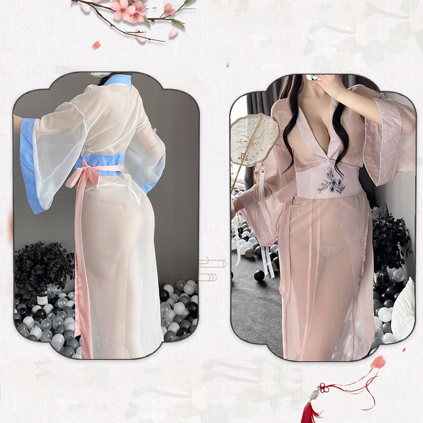 Sheer Mesh Kimono Robe with V-Neck - Anime Lingerie Set