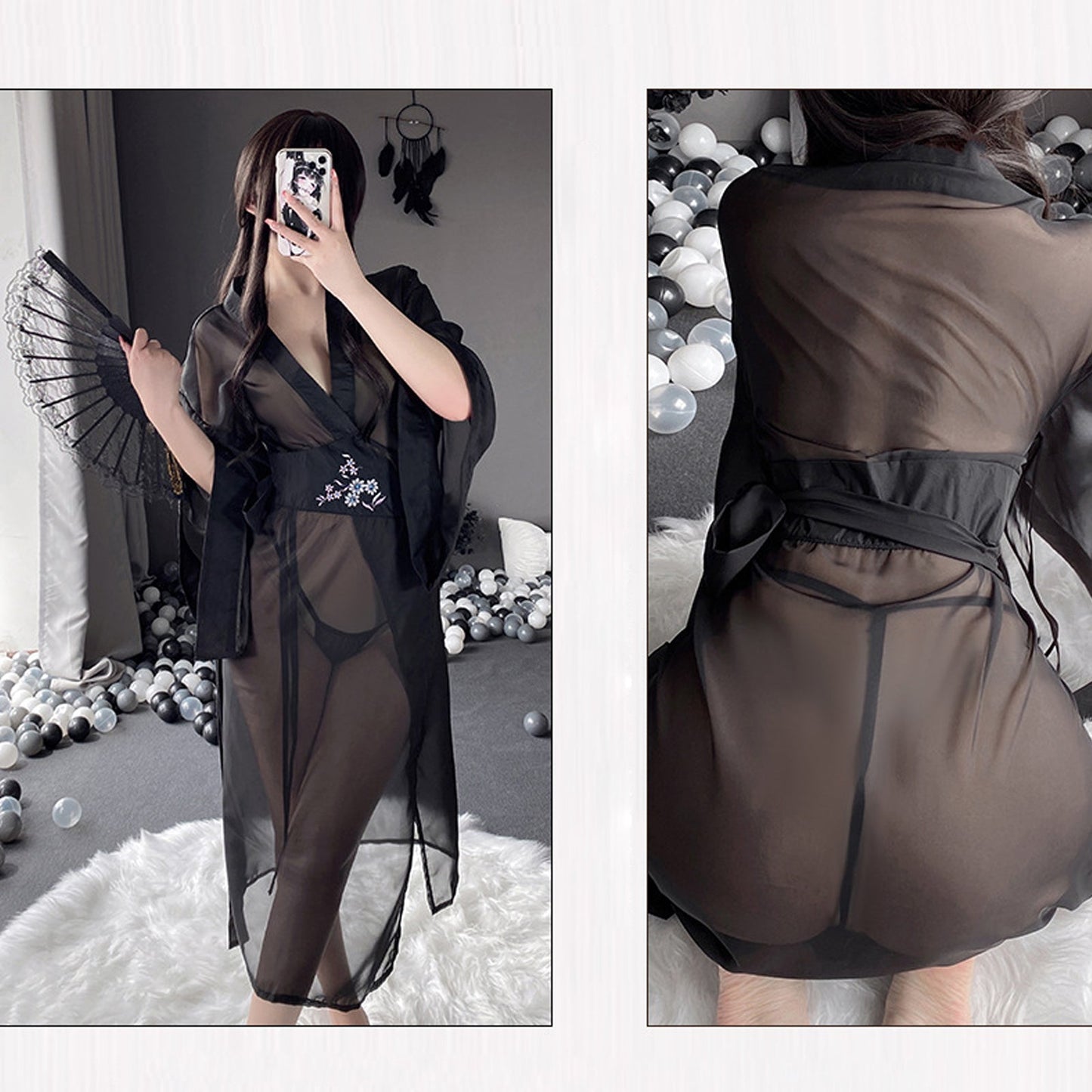 Sheer Mesh Kimono Robe with V-Neck - Anime Lingerie Set
