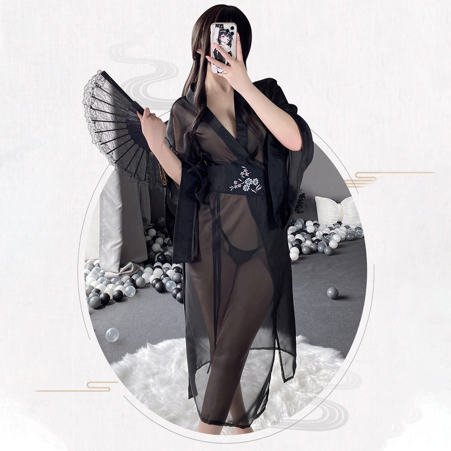 Sheer Mesh Kimono Robe with V-Neck - Anime Lingerie Set