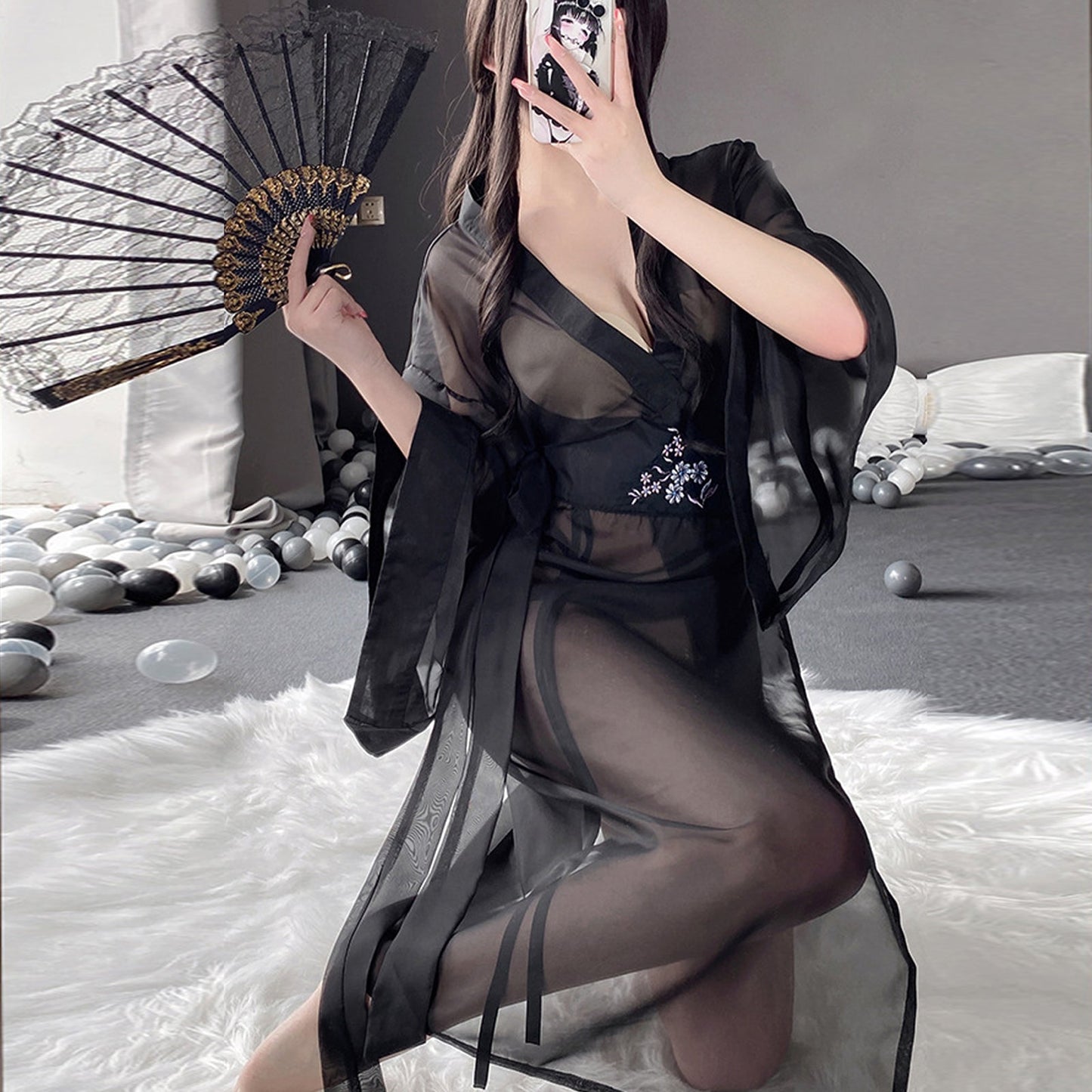 Sheer Mesh Kimono Robe with V-Neck - Anime Lingerie Set