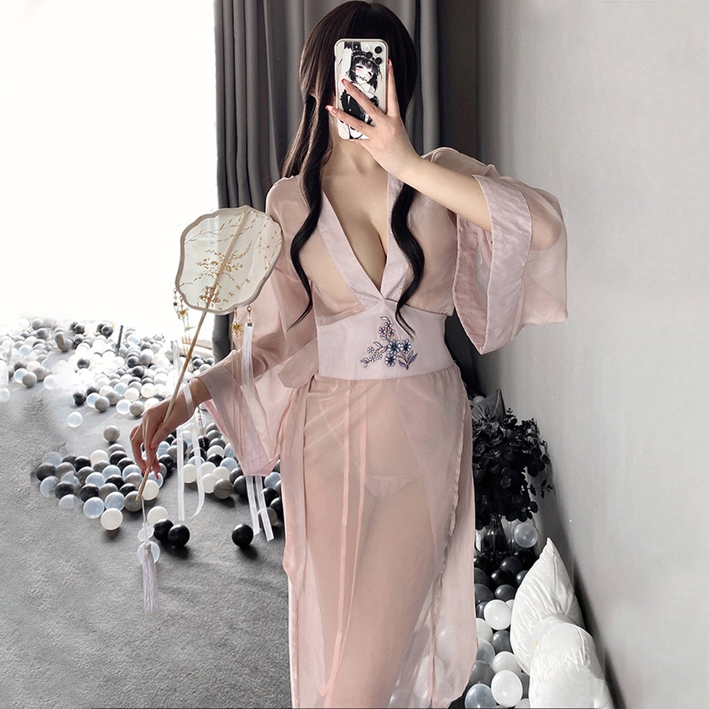 Sheer Mesh Kimono Robe with V-Neck - Anime Lingerie Set