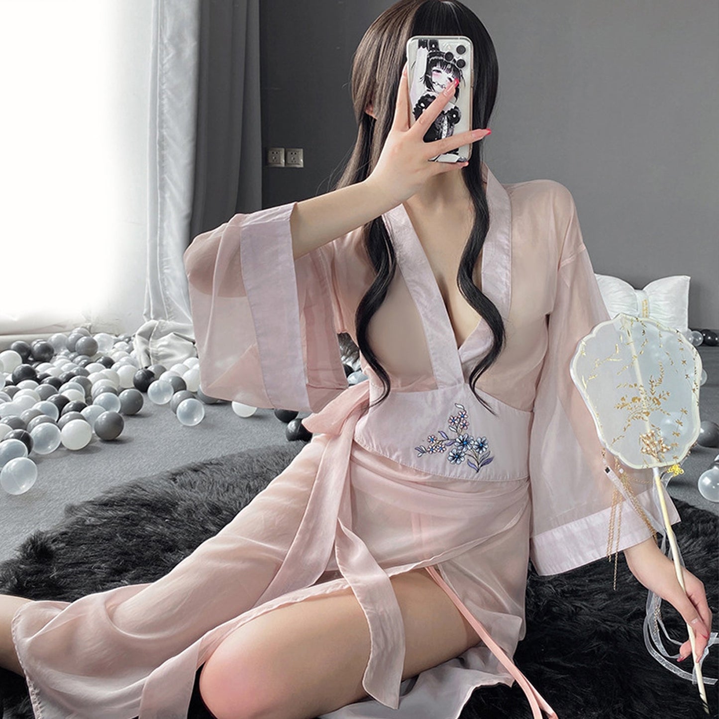 Sheer Mesh Kimono Robe with V-Neck - Anime Lingerie Set