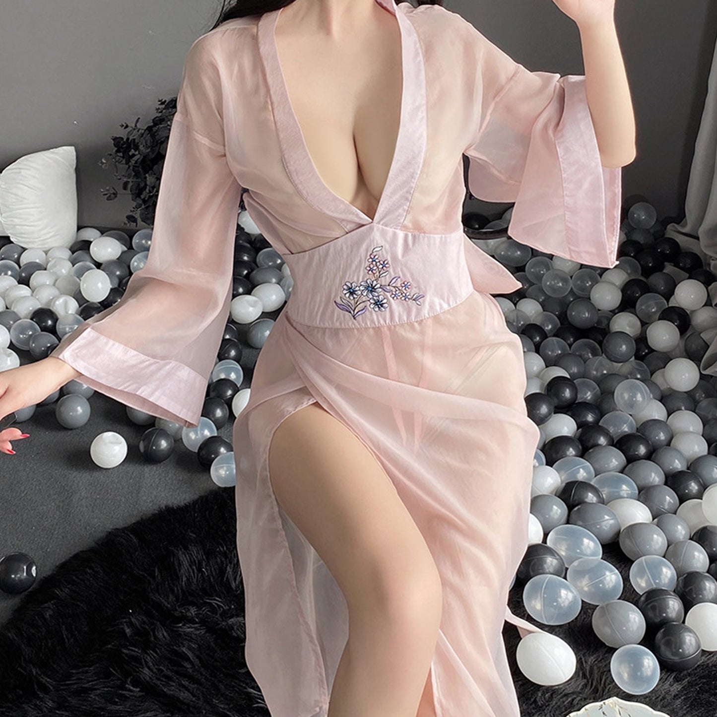 Sheer Mesh Kimono Robe with V-Neck - Anime Lingerie Set
