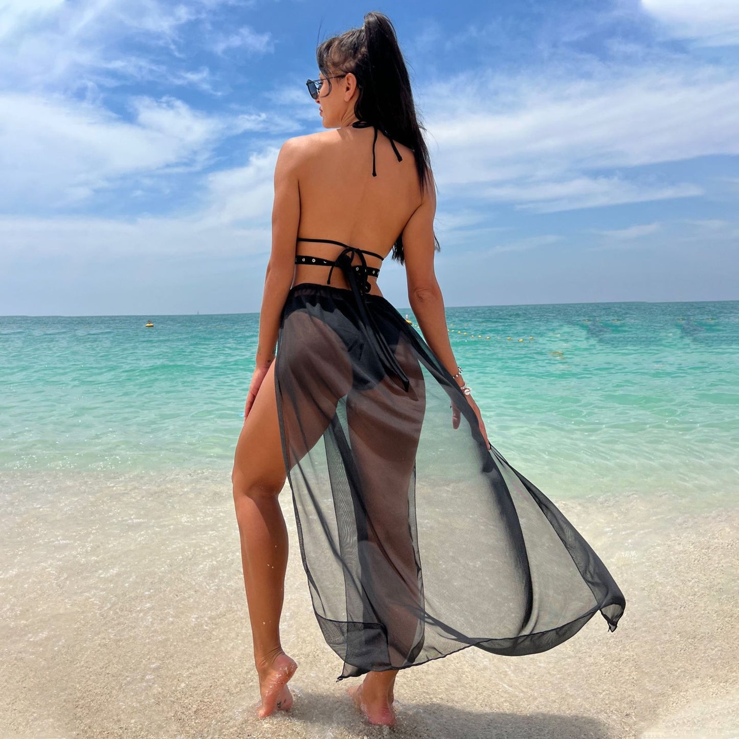 Amorino Women's Black Strappy Bikini Set with Sheer Mesh Cover Up