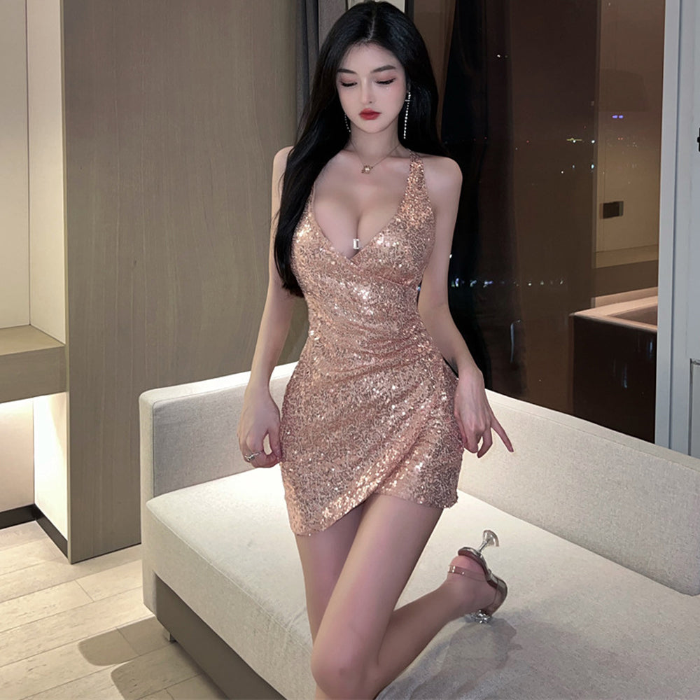 Amorino Wrap Sequin V Neck Dress